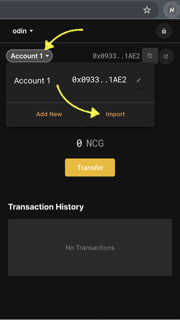 Select "Account 1" and "Import" button of "Chrono"