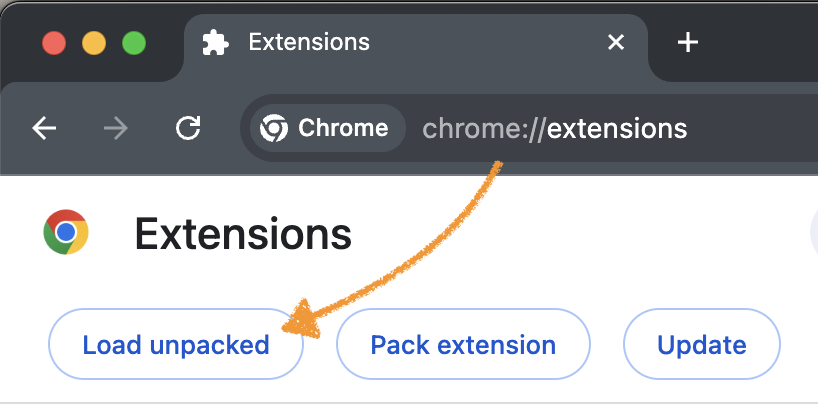 Load unpacked button in Chrome extensions