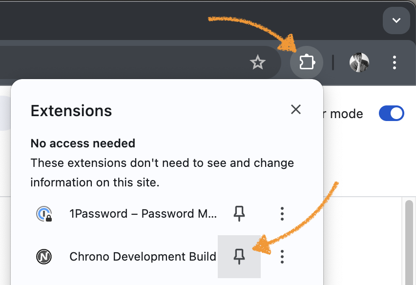 Pinning "Chrono" in Chrome extensions